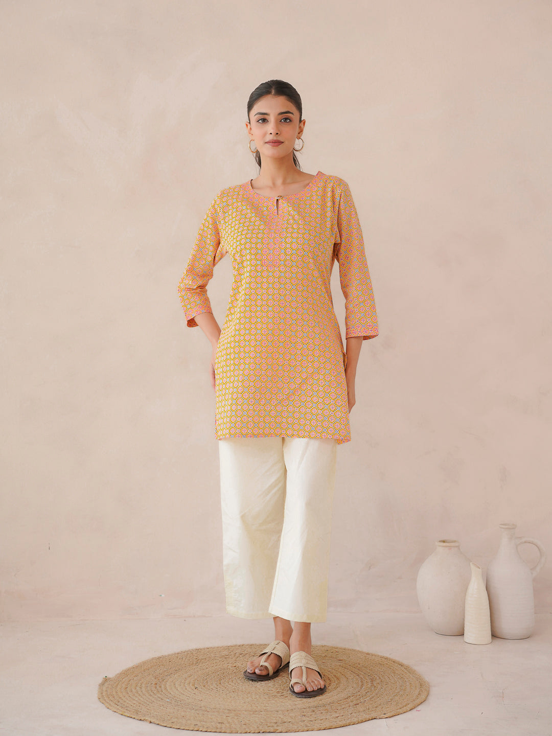 3/4th Sleeve Short Gauhar Kurti Yellow