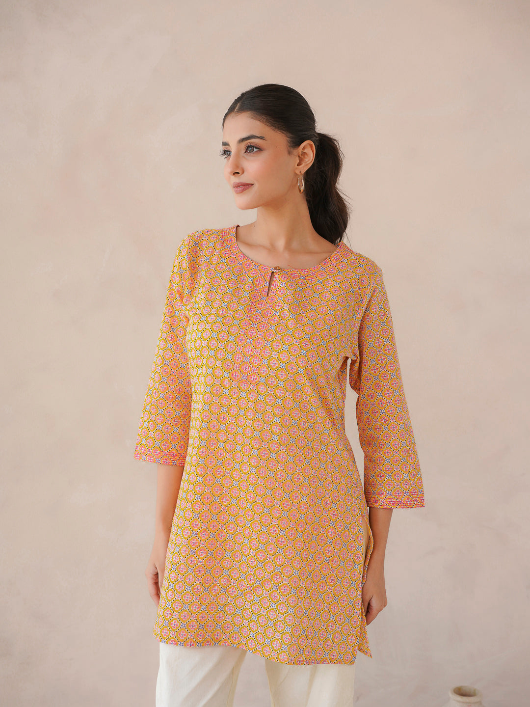 3/4th Sleeve Short Gauhar Kurti Yellow
