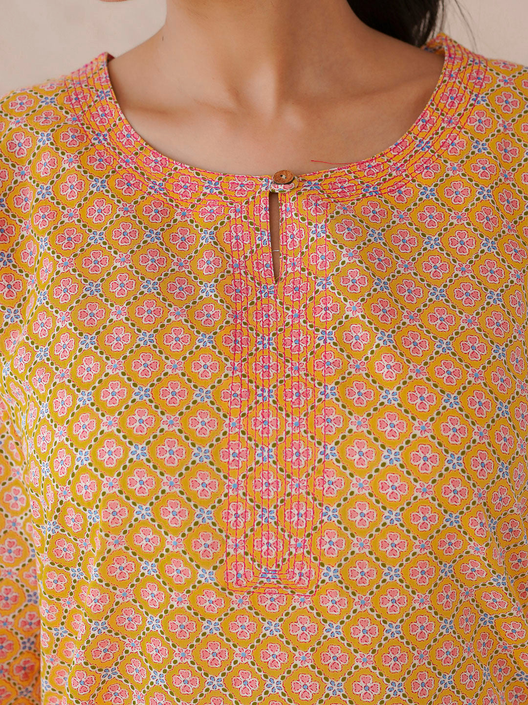 3/4th Sleeve Short Gauhar Kurti Yellow