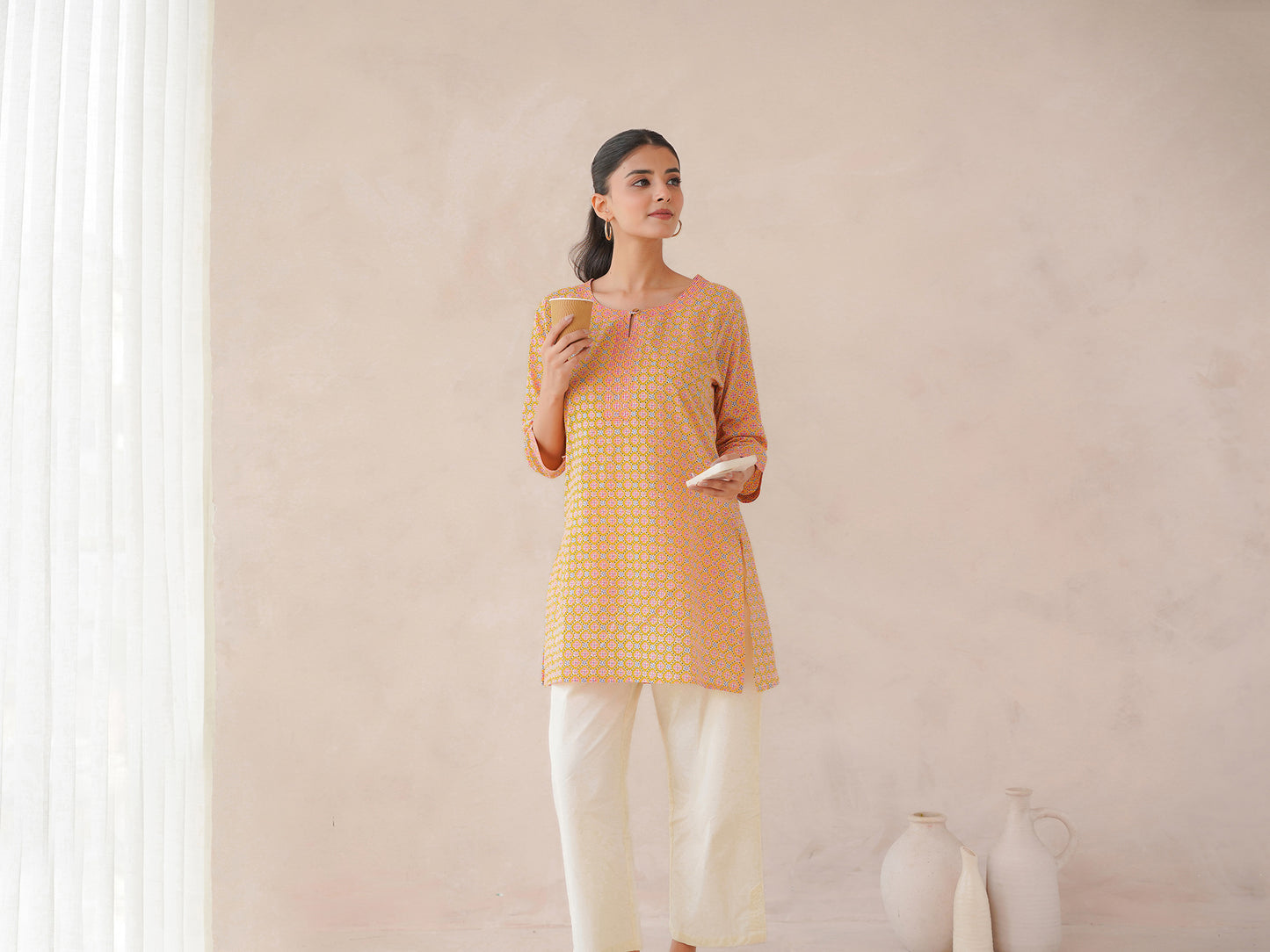 3/4th Sleeve Short Gauhar Kurti Yellow