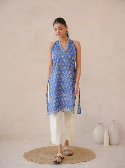 Sleeveless Cotton Halter Neck Kurti Royal Blue