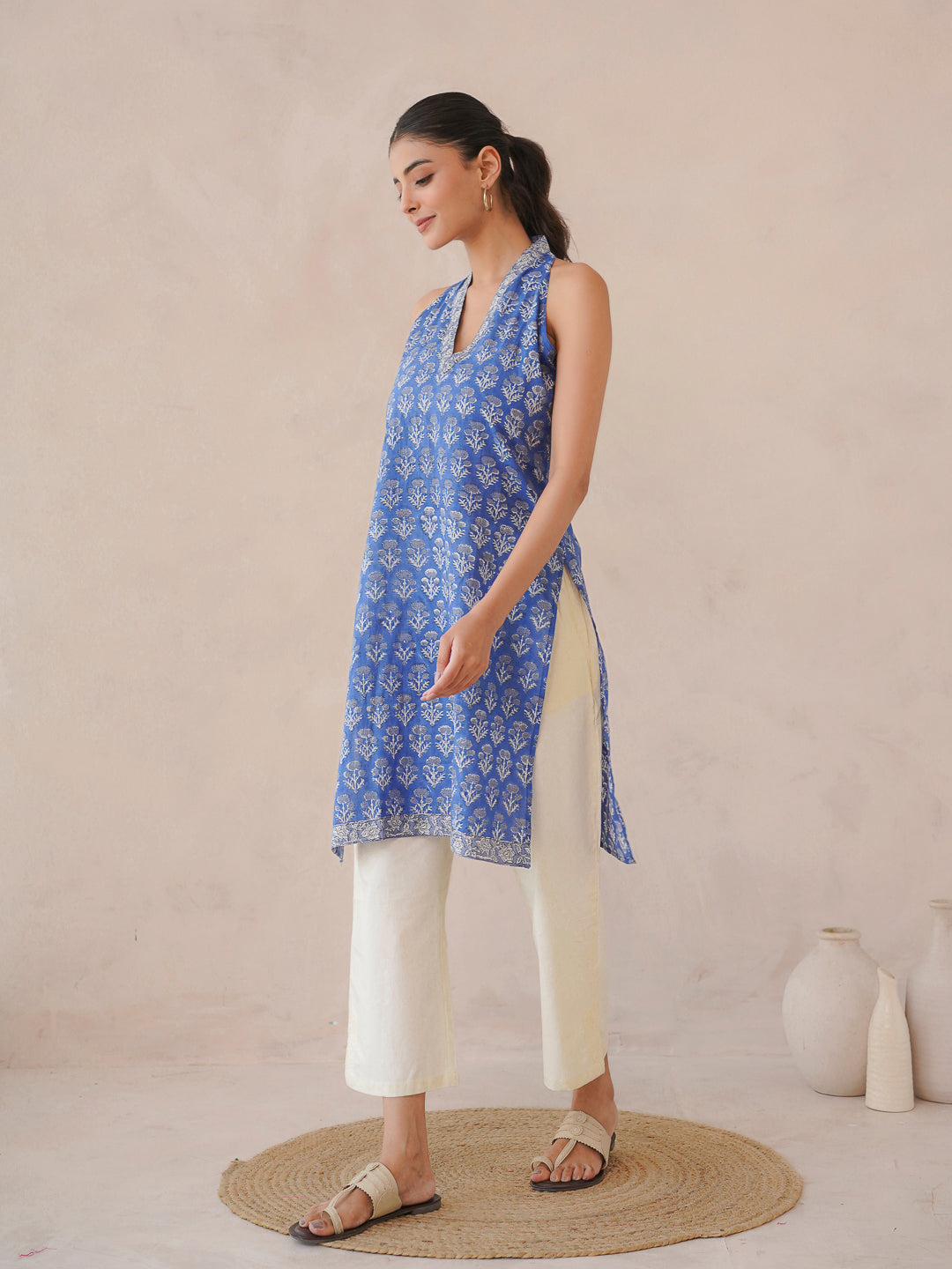 Sleeveless Cotton Halter Neck Kurti Royal Blue