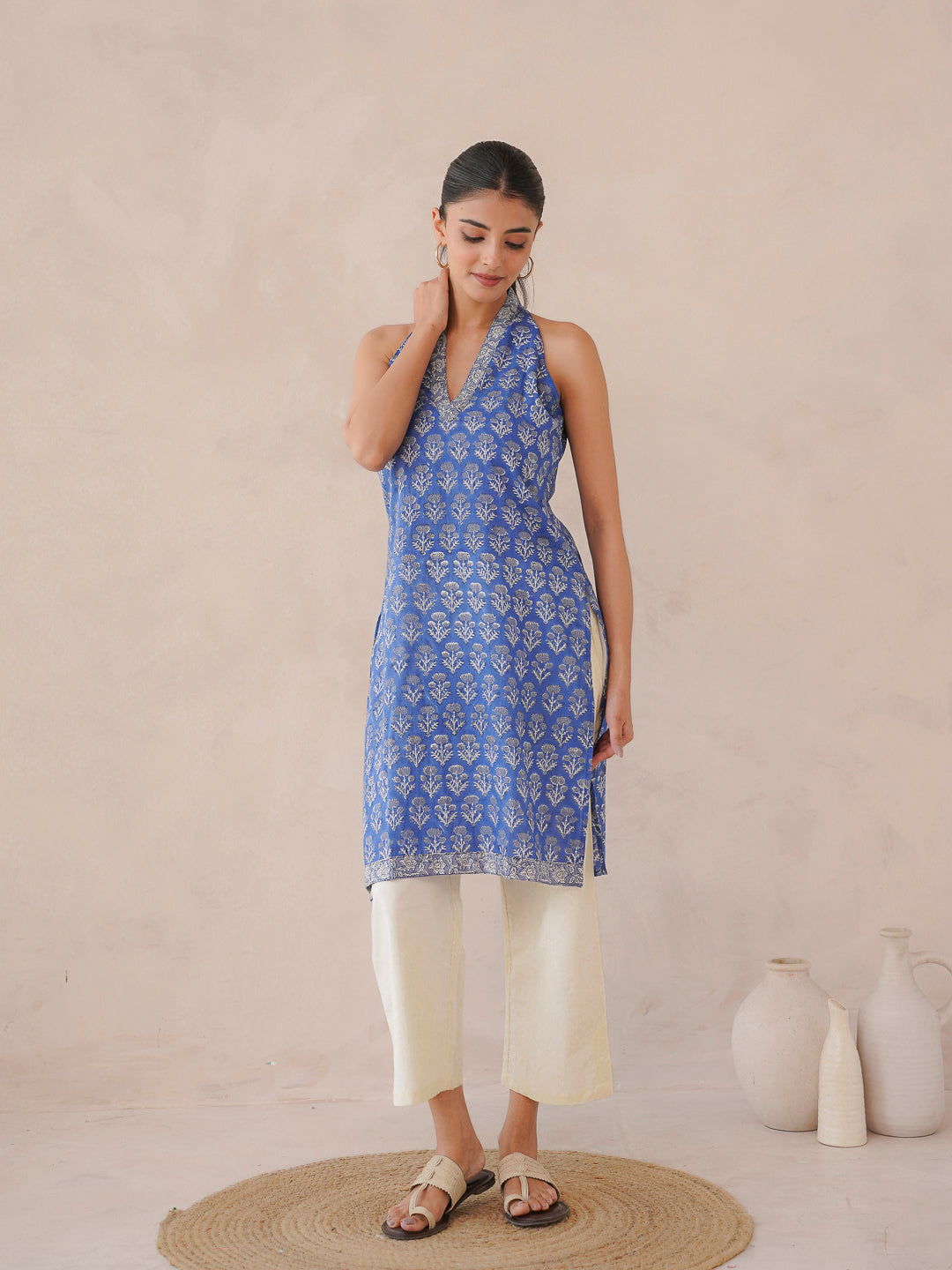 Sleeveless Cotton Halter Neck Kurti Royal Blue