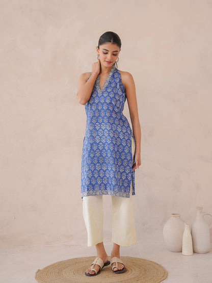 Sleeveless Cotton Halter Neck Kurti Royal Blue