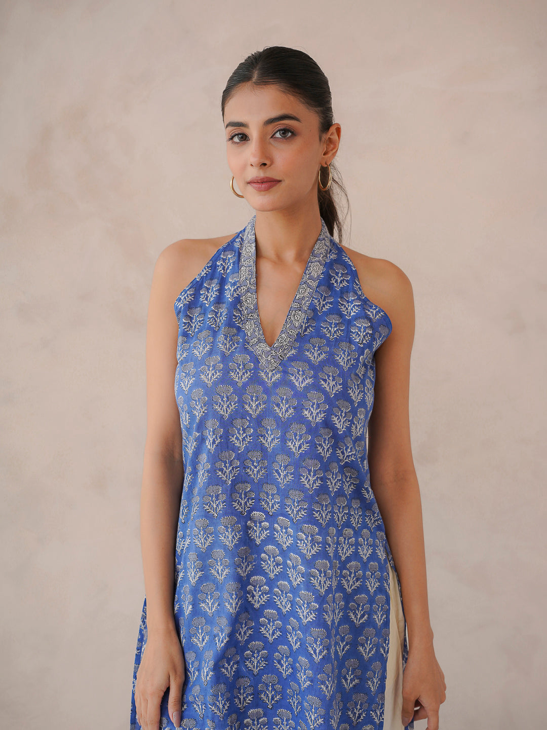 Sleeveless Cotton Halter Neck Kurti Royal Blue
