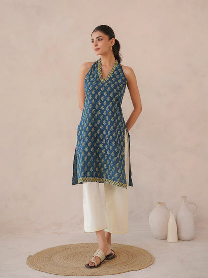 Sleeveless Cotton Halter Neck Kurti Indigo
