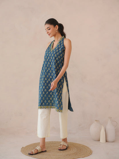 Sleeveless Cotton Halter Neck Kurti Indigo