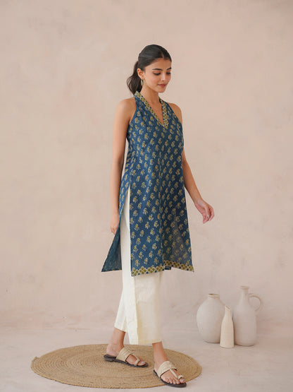 Sleeveless Cotton Halter Neck Kurti Indigo