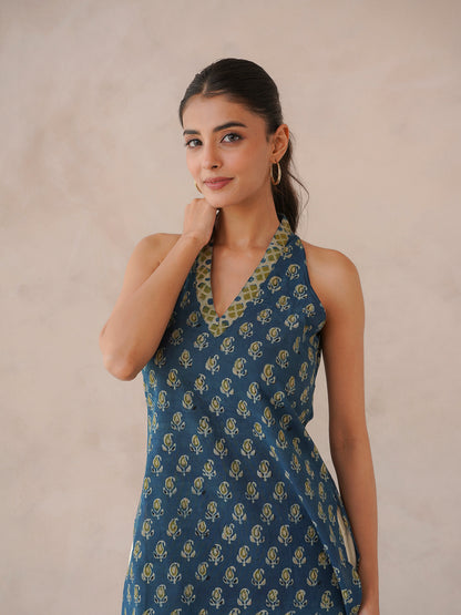 Sleeveless Cotton Halter Neck Kurti Indigo