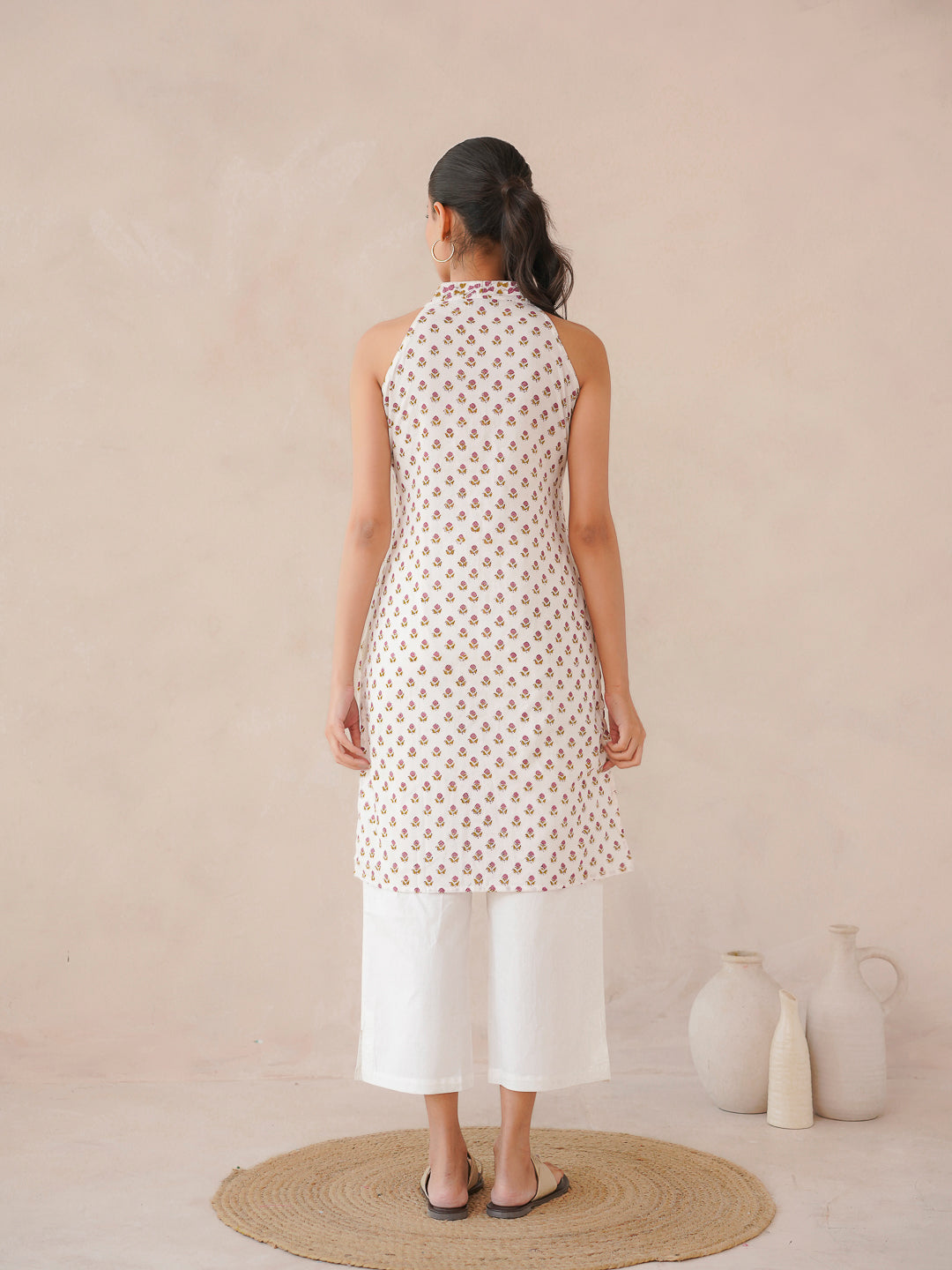 Sleeveless Cotton Halter Neck Kurti White