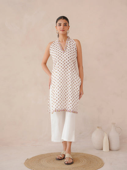 Sleeveless Cotton Halter Neck Kurti White