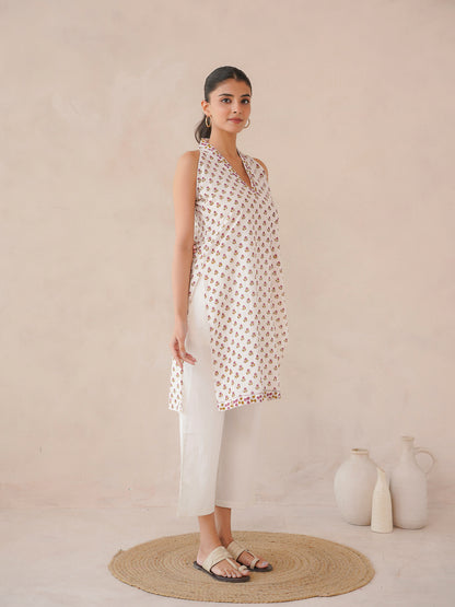 Sleeveless Cotton Halter Neck Kurti White