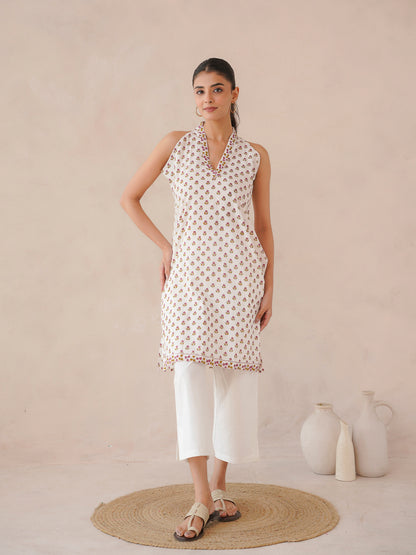 Sleeveless Cotton Halter Neck Kurti White