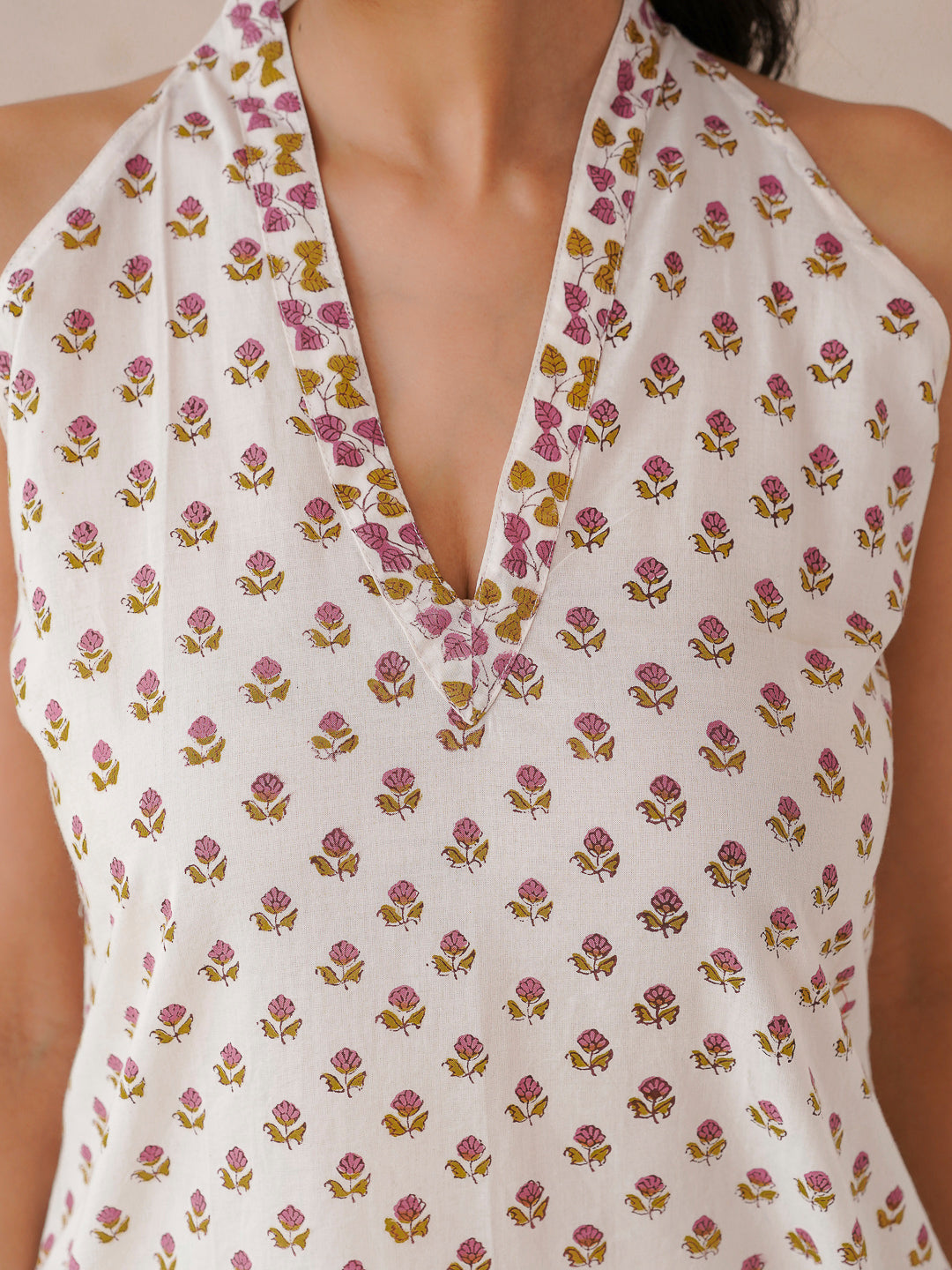 Sleeveless Cotton Halter Neck Kurti White