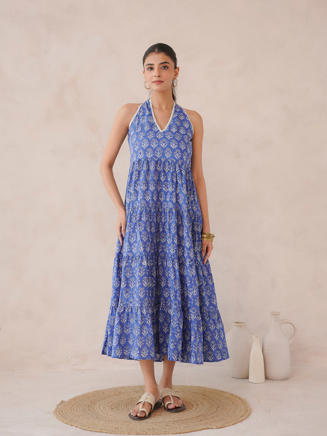 Tiered Halter Neck Dress Royal Blue