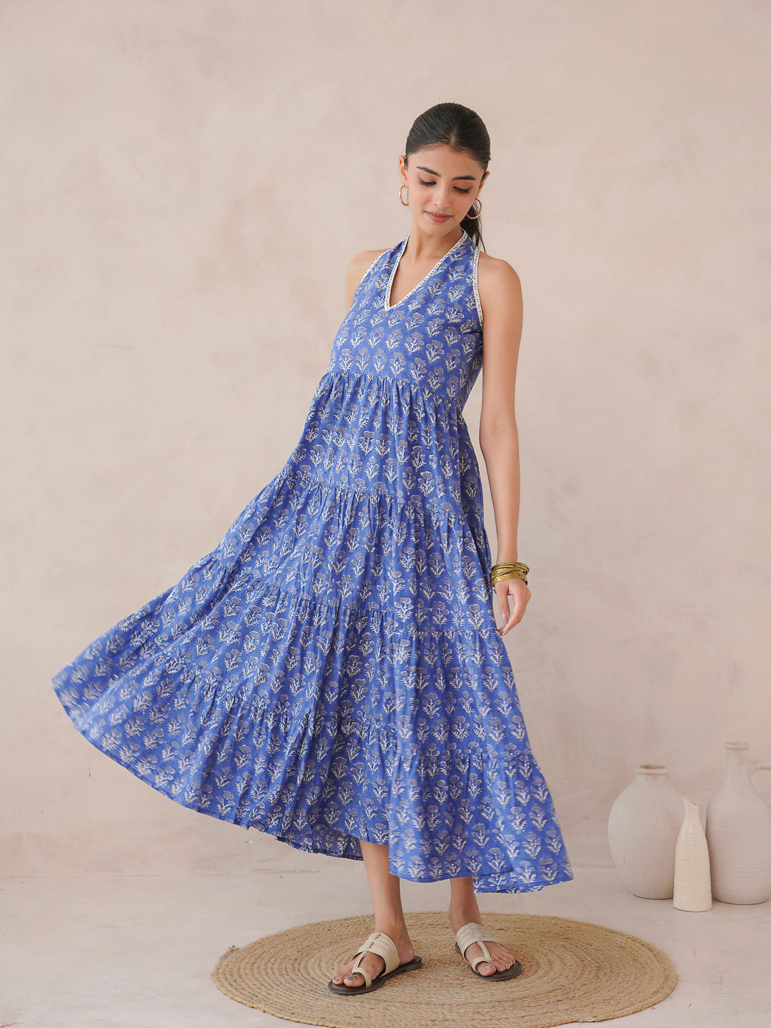 Tiered Halter Neck Dress Royal Blue