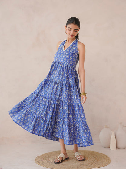 Tiered Halter Neck Dress Royal Blue