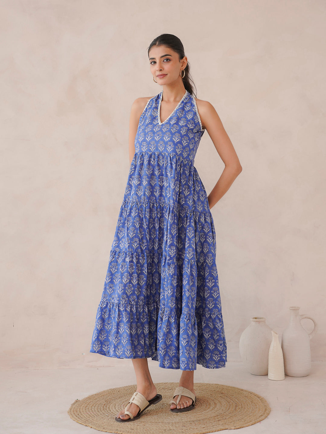 Tiered Halter Neck Dress Royal Blue