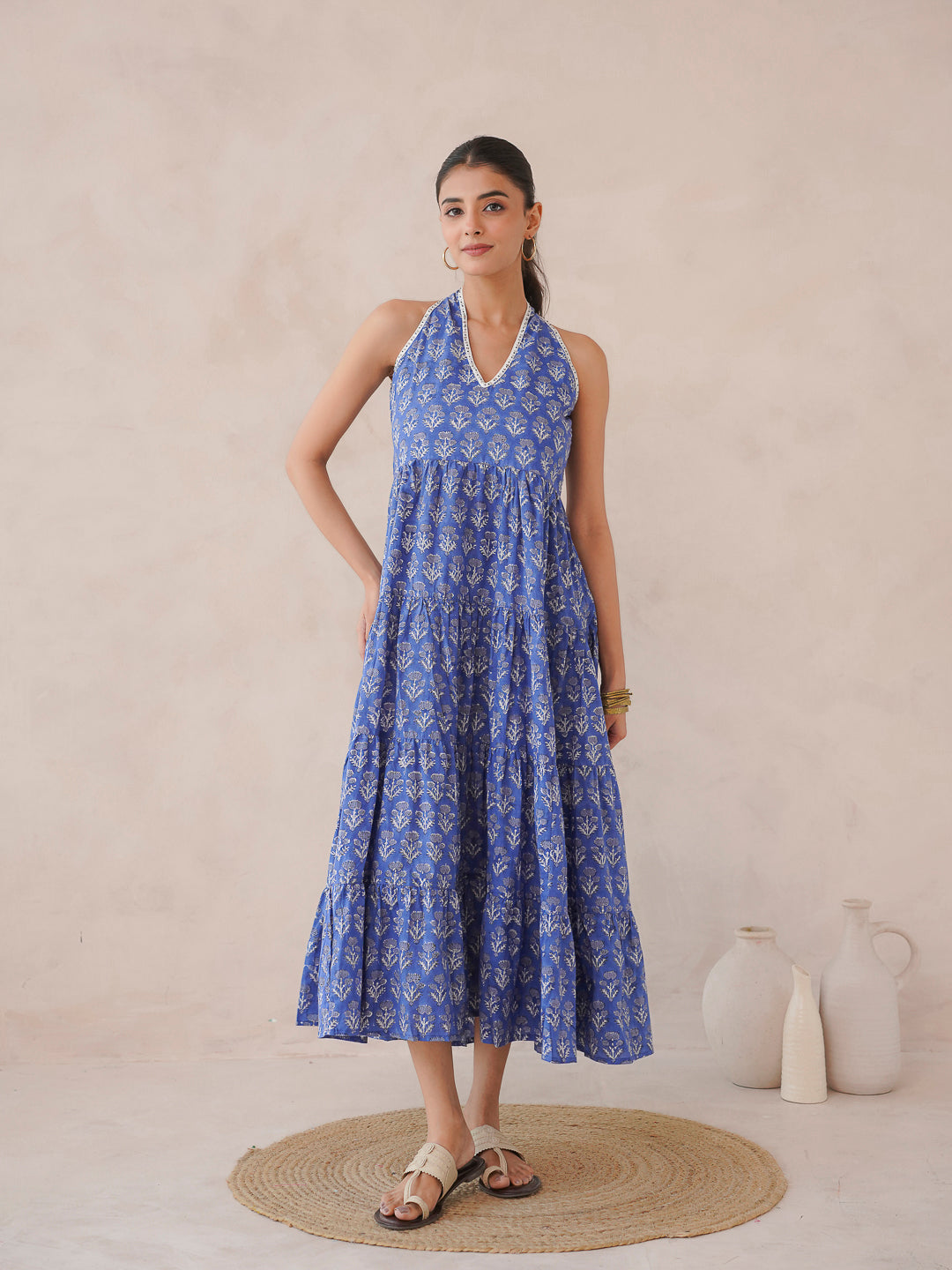 Tiered Halter Neck Dress Royal Blue