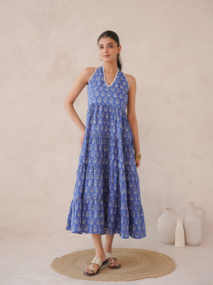 Tiered Halter Neck Dress Royal Blue
