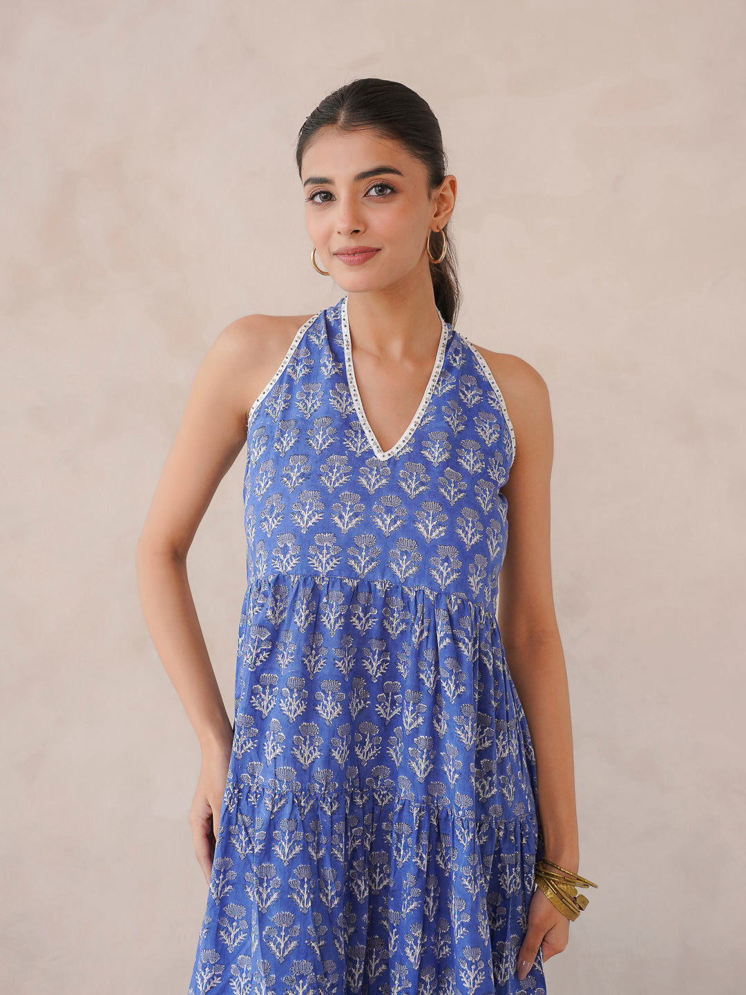 Tiered Halter Neck Dress Royal Blue