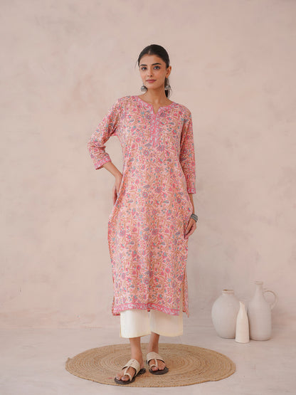 Cotton Block Printed Long Kurta Peach