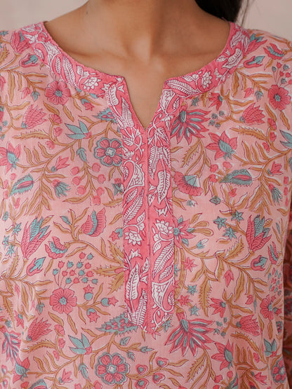 Cotton Block Printed Long Kurta Peach