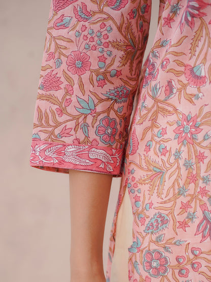 Cotton Block Printed Long Kurta Peach
