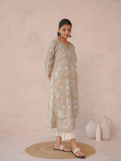 Cotton Block Printed Long Kurta Khaki