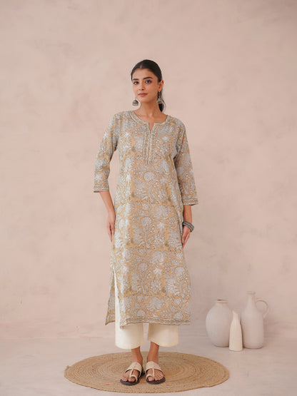 Cotton Block Printed Long Kurta Khaki