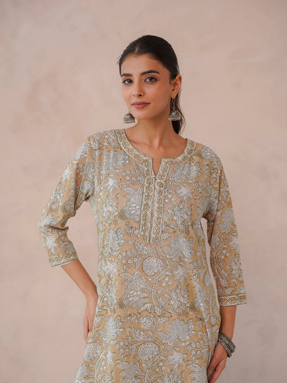 Cotton Block Printed Long Kurta Khaki