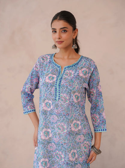 Cotton Block Printed Long Kurta Light Blue