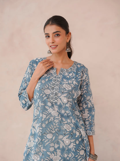 Cotton Block Printed Long Kurta Grey