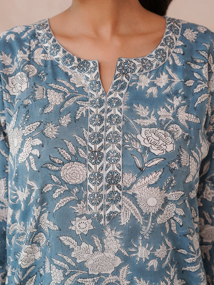 Cotton Block Printed Long Kurta Grey