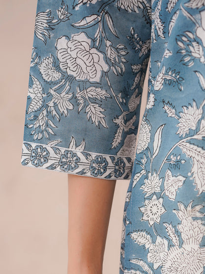 Cotton Block Printed Long Kurta Grey