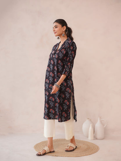 Cotton Printed Straight Kurta Black