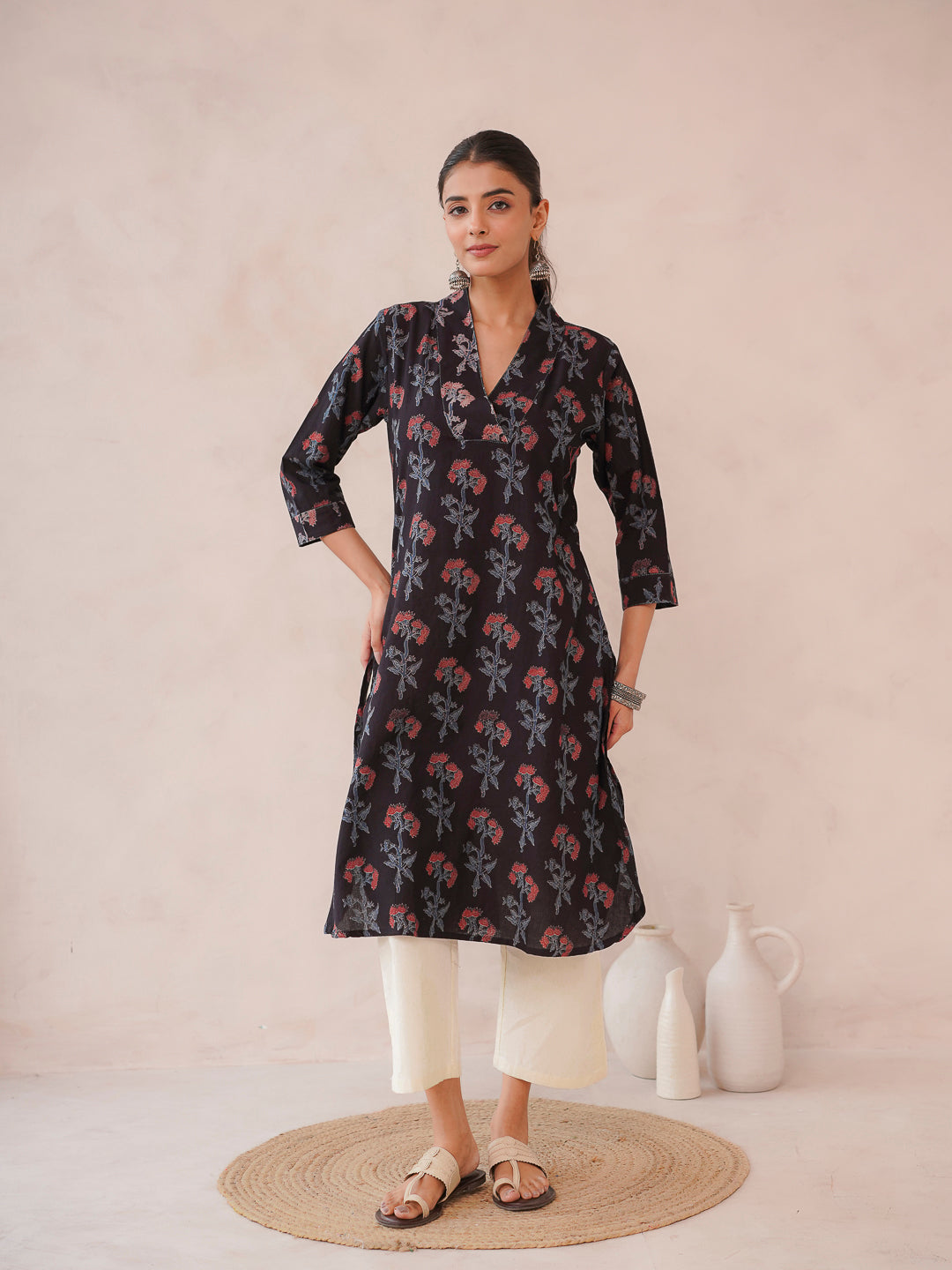 Cotton Printed Straight Kurta Black
