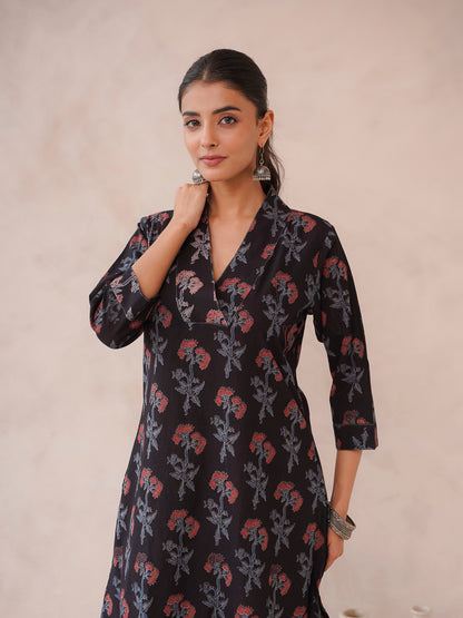 Cotton Printed Straight Kurta Black