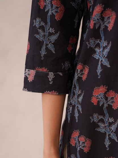 Cotton Printed Straight Kurta Black