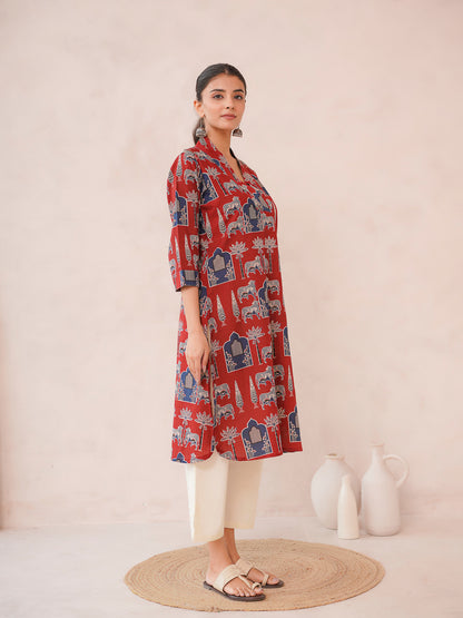 Cotton Printed Straight Kurta Berry Red