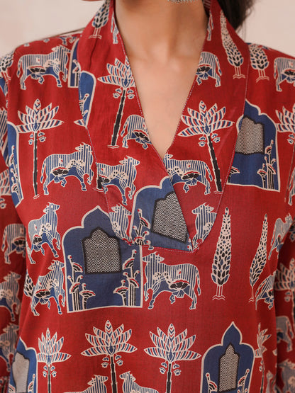 Cotton Printed Straight Kurta Berry Red