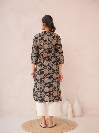 Cotton Printed Straight Kurta Black