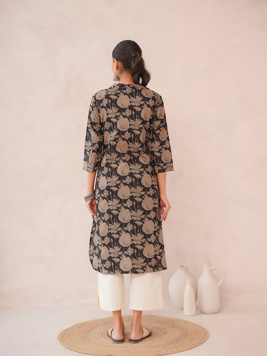 Cotton Printed Straight Kurta Black