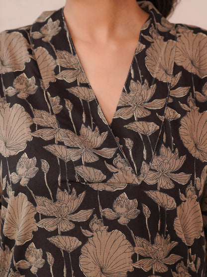Cotton Printed Straight Kurta Black