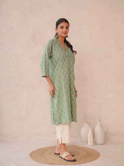 Cotton Printed Straight Kurta Green