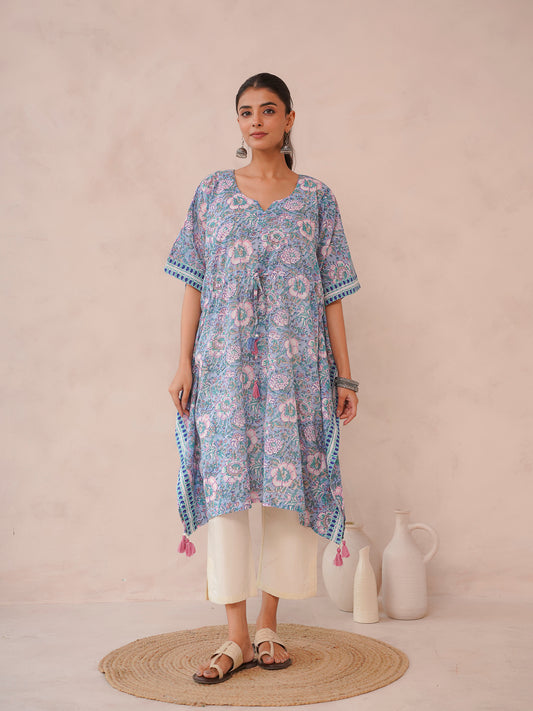 Knee-Length Cotton Tassel Kaftan Light Blue