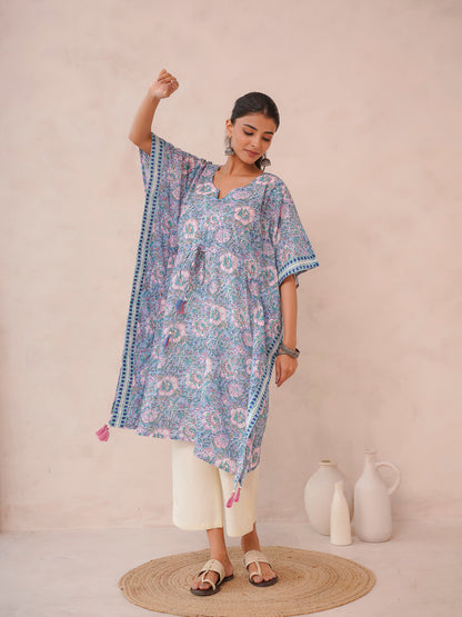 Knee-Length Cotton Tassel Kaftan Light Blue