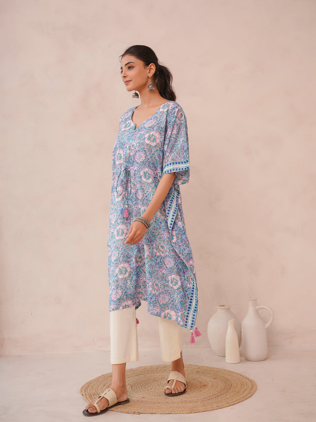 Knee-Length Cotton Tassel Kaftan Light Blue