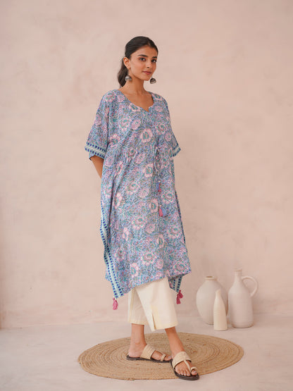 Knee-Length Cotton Tassel Kaftan Light Blue