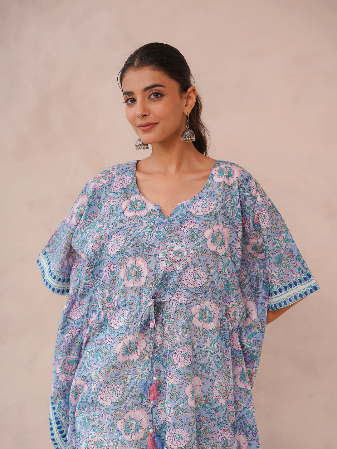 Knee-Length Cotton Tassel Kaftan Light Blue